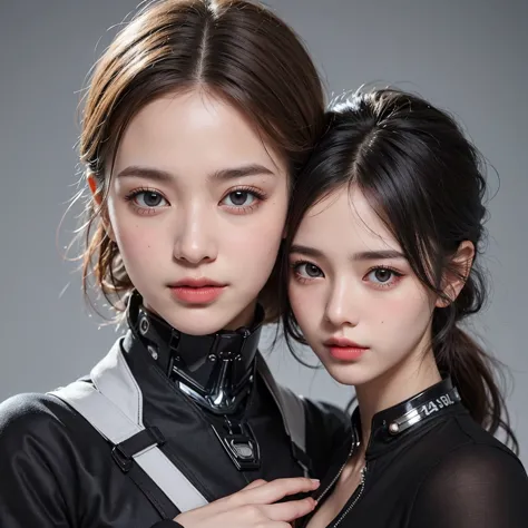 Create three kpop girls, one with dark orange hair that’s long with black streaks, one with platinum blonde hair that’s in a pixie cut with black bangs, and one with long hime brown hair and a silver streak, cyber concept, wearing cyber outfits, the backgr...