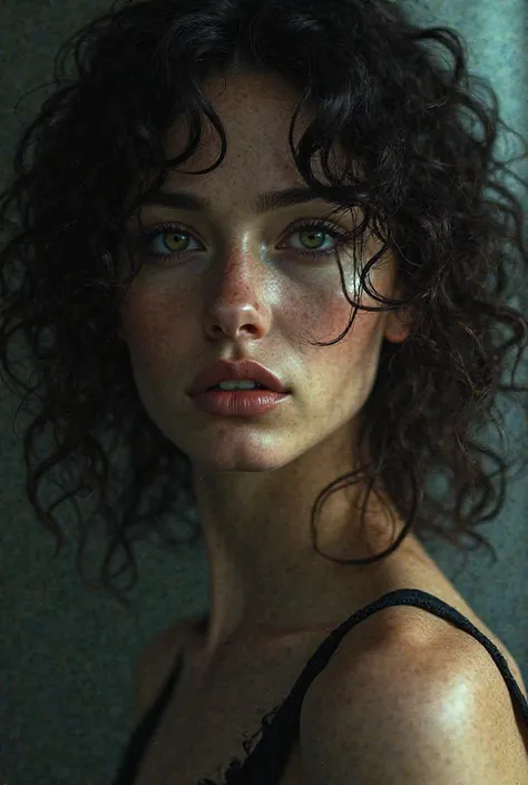 White woman curly black hair long mysterious light eyes would be powerful 