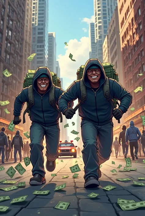 Couple of thieves in front of a bank leaving with backpacks of money towards the car smiling and money falling to the ground in the middle of the city, Animated image like GTA V