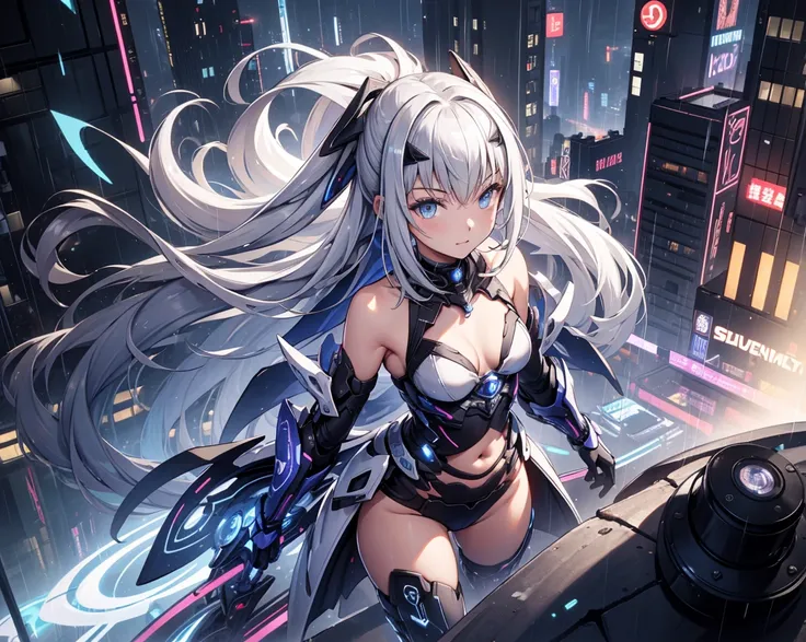 (  is of the highest quality,4K, 8,000, high resolution,  masterpiece :1.2),  Super Fine ,   girl ，Holy，( Silver white long hair  )， blue eyes ，obsessed， Elegant posture ，玩得 happy ，in love， Lovely cloth  ， Detailed clothes ，pattern，Swimsuit， happy ， Sci-fi...