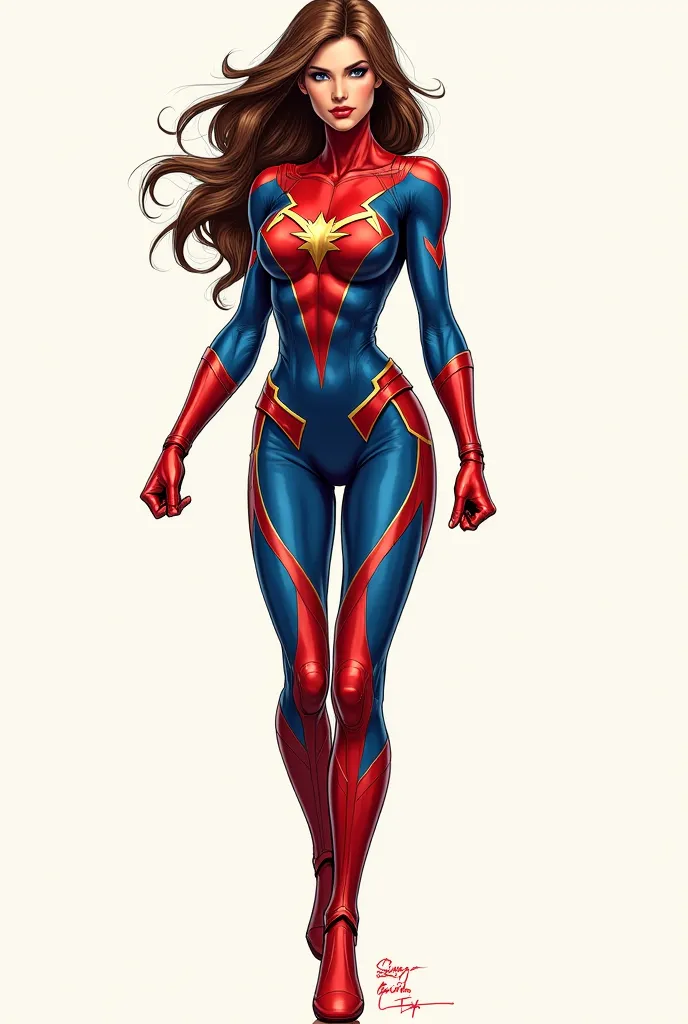 Create a female superhero with red and blue colors without a background and that looks like a drawing 