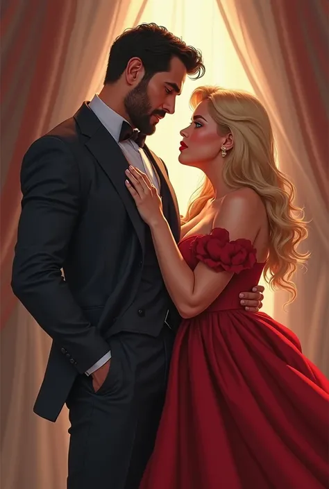  Create a beautiful romance book cover , dancing,  cartoon.  A handsome man , Tall and strong,  wearing a dark suit , short black hair, low beard, olhos blues, blues, Henry Cavill,  is ahead , Lens In the foreground, looking forward. right behind, A beauti...