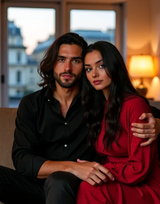 background london, Long hair handsome attractive man, wearing black jeans and black shirt, Tall 1.85 metres, English Male, muscular, thin, unshaved stubble beard, olive skin, tanned, handsome green eyes, deep sight, wavy long hair,  straight celestial nose...