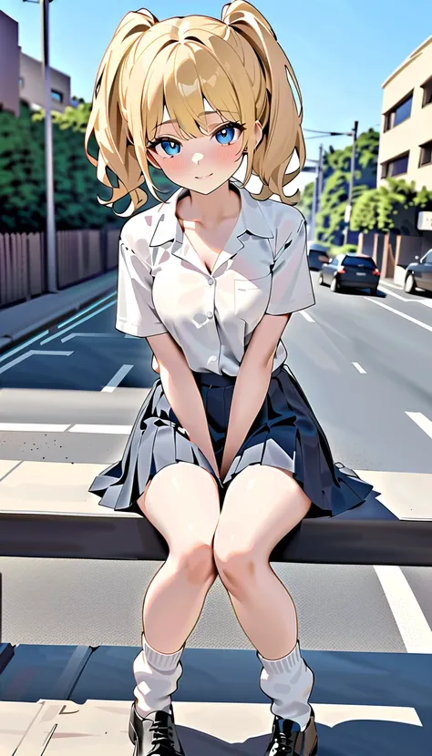 student，Blond Haired， double ponytail， white shirt，Low-cut，blue pleated skirt，white loose socks，white bubble socks， Black Leather Shoes ，The skirt is very short，Sitting on a street railing， legs slightly apart ，I can see white underwear，perfect figure，High...