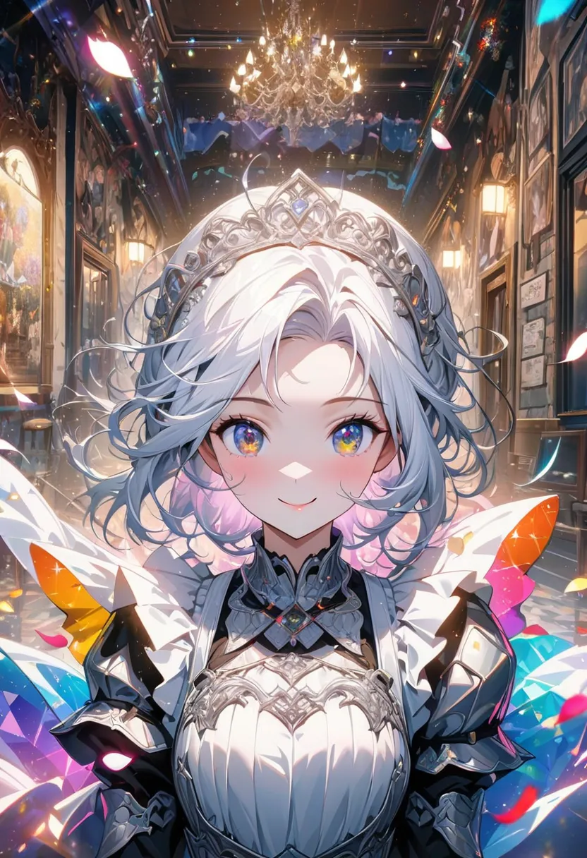 ((European woman, knight, knight cafe, cafe interior, western-style armor maid clerk, waitress in white and silver armor, smiling))), ((absurd dress, high resolution, ultra-high resolution, (one girl:1.3), kaleidoscopic images, symmetrical patterns, vibran...