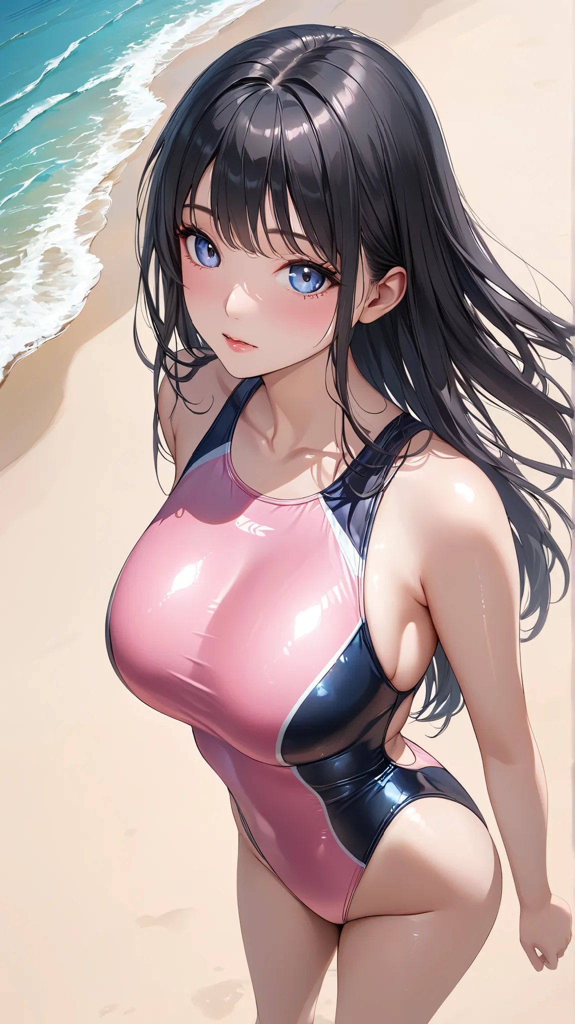 (masterpiece,best quality,ultra detailed,high resolution),(realistic:0.2),(cowboy shot),daytime,lady,black hair,cool eyes,show clotch,shinny skin,competition swimsuit,pink-swimsuit,beautiful sky,big breast,from above,