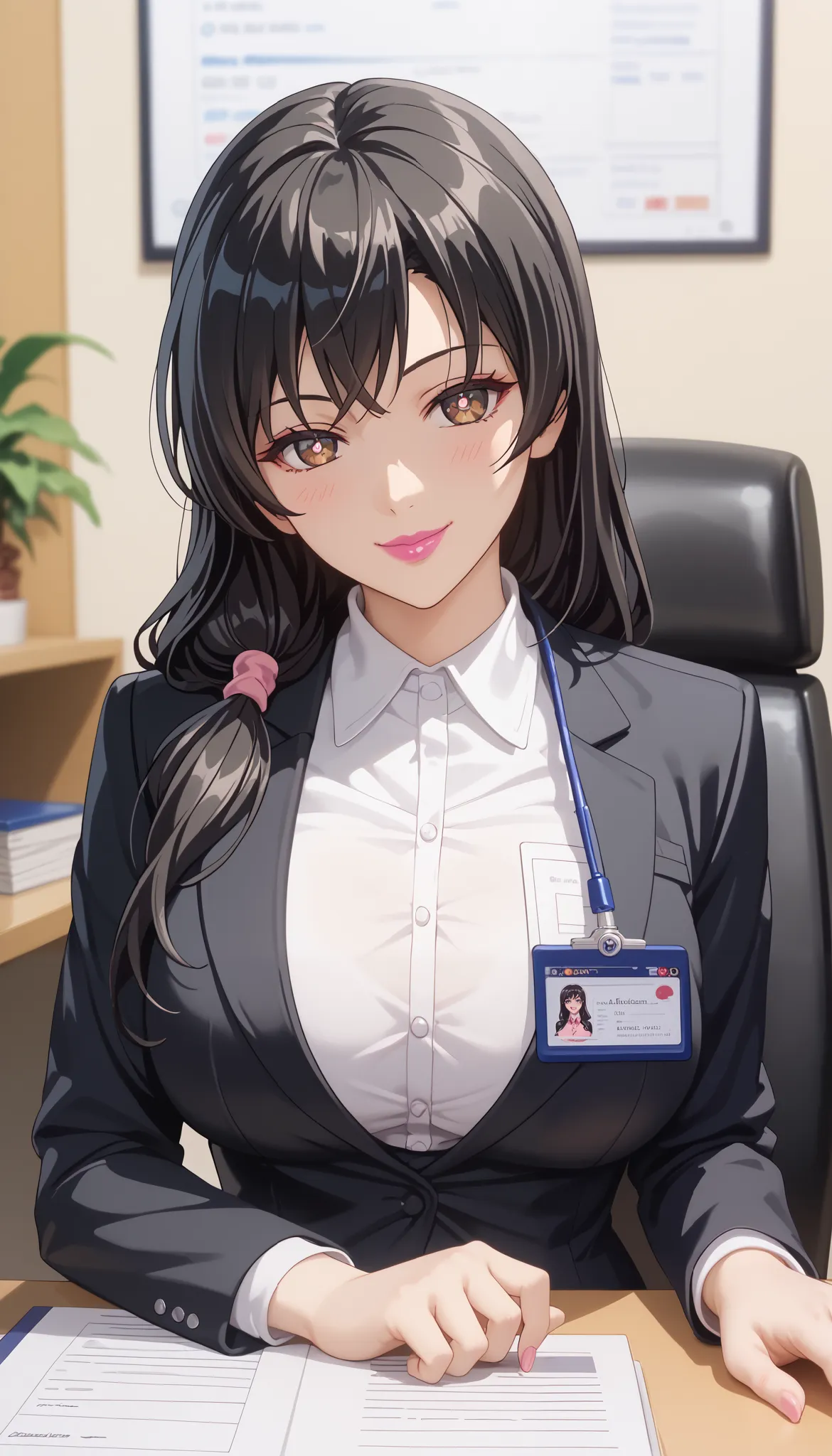 （（（Perfect figure，figure，solo，white and soft skin，（（（Kaori sakaki,Office uniform clothes, black jacket ））），（（Kaori sakaki Long hair, black hair, bright brown pupils, pink lipstick)),high resolution, ((Best quality in the best))，masterpiece，quality，Best qua...