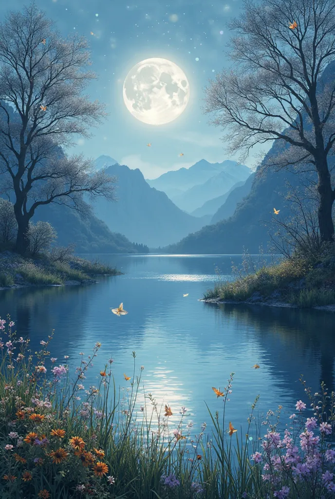 
Imagine a tranquil landscape with a crystal clear and calm lake, reflecting the full moon or a starry sky. In the background, soft mountains rise, barely visible by the light haze that envelops them, creating an atmosphere of mystery without being ominous...