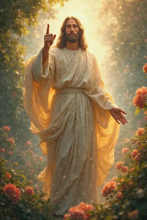 Create an image of Jesus in paradise in 8k, looking and pointing with your index finger at me as if you were speaking directly to me 