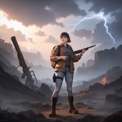 A young girl in the middle of an apocalyptic, she wore a jacket,  pants, boots, a backpack and held a shotgun. sky shrouded in a heavy blanket of gray clouds, scenario torn by silent rays illuminating desolation below, Desolate Field,  charged clouds , lig...