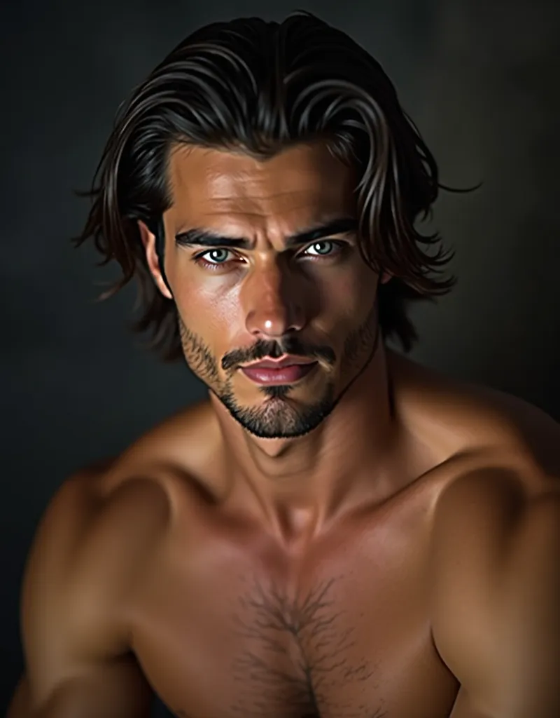  portrait Face , realistic image quality, fotografía artistica y  detailed.  Aesthetic image . view profile, profile approach . Pose of the half-frontal model.  He is a young man , narcissistic, with a manly face,  tense jaw , and an organized beard and li...