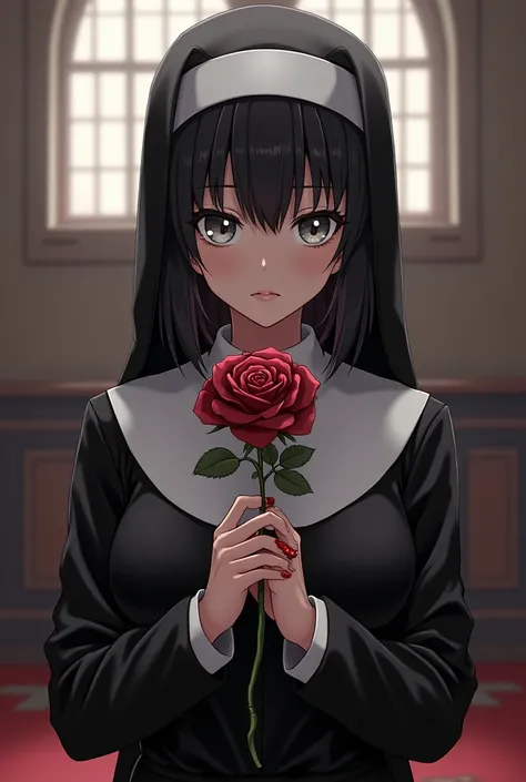 An anime girl, Alone, short hairBlack hair, mouth shut, gray eyes,  nun's uniform, holds a metallic rose with both hands,  Precise,  de fondo la cruz de la religión  Precise y detallado, tiny gym shorts, dark skin precise andDetailed, A serious look, an an...