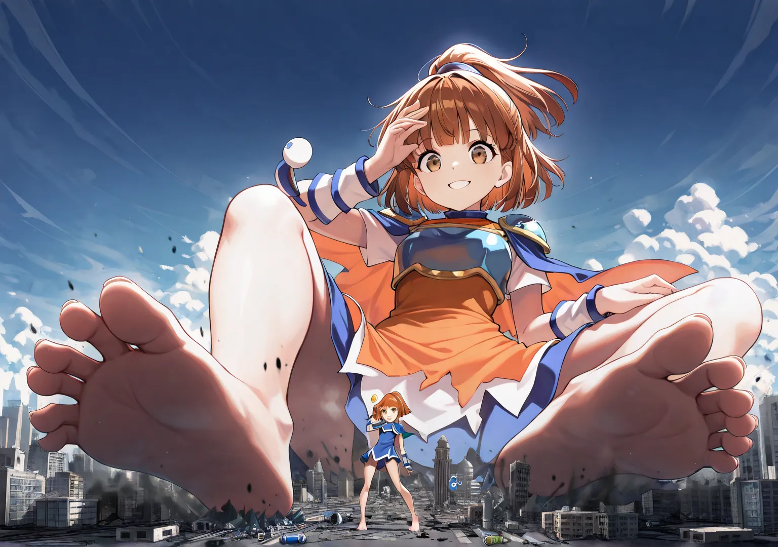 1 girl,Alone,PUYO ALEF  ,brown eyes,brown hair, ponytail,armor, shoulder armor,white shirt,blue skirt,Cape,  wristband  , Blue footwear,smile, masterpiece, best quality, wopen leg, Absard Dress,hand,blue sky, building, ((barefoot)),(( giant)),((one girl)),...