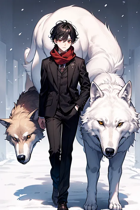 obra maestra, high quality, 8K , hombres ,, black hair,  short hair ,   RED EYES   ,    sensual face , very detailed face, winter school uniform, in winter  ,With a wolf  ,  Alone ,  male gender 