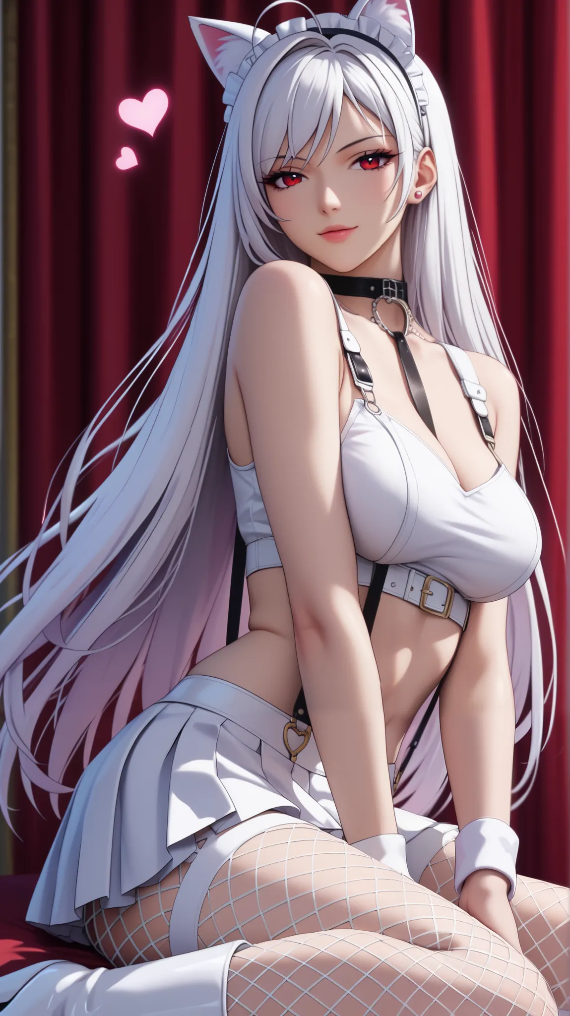 vampire moka akashiya, long hair, red eyes, ahoge, white hair, large breasts, headdress with white fake cat ears、wear a white suspenders over an off-shoulder short-sleeve white crop top、white heart(symbol) print on crop top, low-rise white latex (A-line) t...