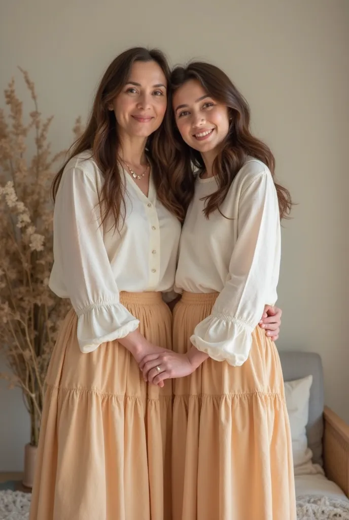 Create image of a woman with her daughter posing for the photo holding hands, both have a long skirt and the image is viewed from the front