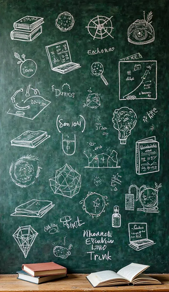 "A dark green chalkboard with hand-drawn sketches of books, formulas, and motivational study quotes written in white chalk. The texture of the chalkboard gives a classic classroom feel."