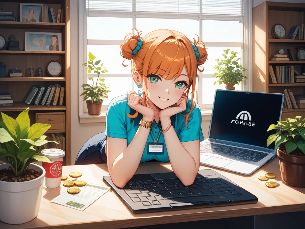 A confident and cheerful young woman working on her side hustle in a modern and stylish home office. She sits at a large wooden desk with a sleek laptop, smartphone, and a cup of coffee. A pile of cash, gold coins, or transaction notifications on her scree...