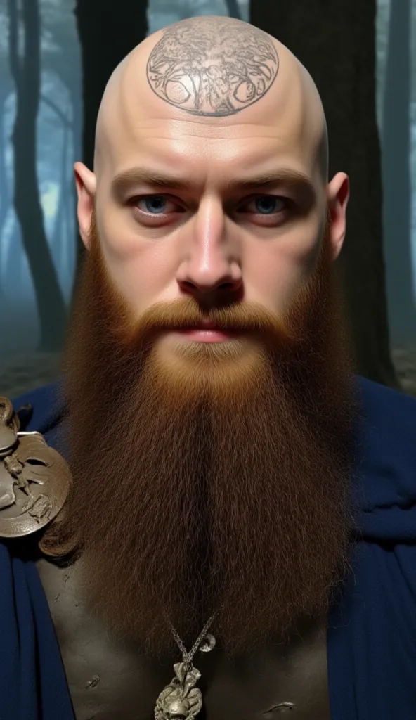 hyper-realistic portrait of a bald Viking warrior in his 30s with glowing baby-blue eyes. His scalp features intricate glowing Norse tattoos of Yggdrasil (the World Tree) intertwined with runes. His thick blond beard is braided with sapphire-blue threads a...