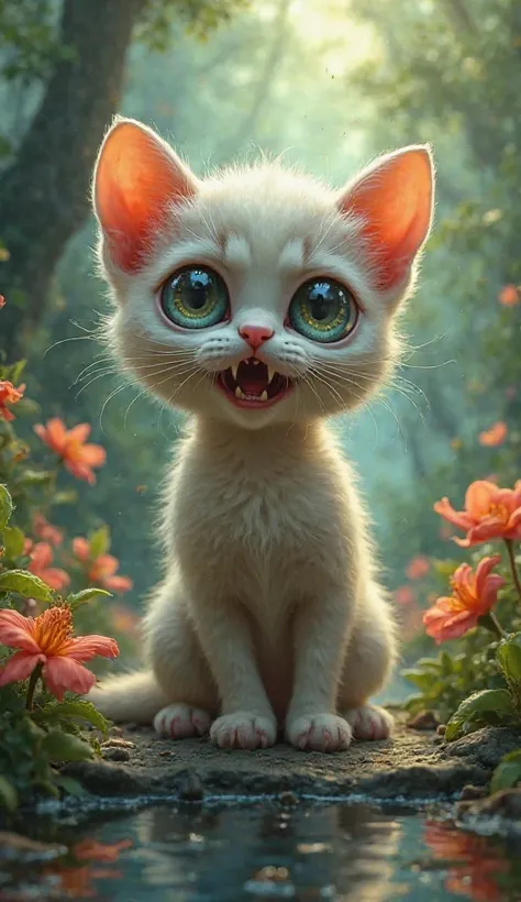 Make a cute kitten with big eyes glowing with vampire teeth, in a place similar to the Garden of Eden, Cute and at the same time bizarre and shitty.