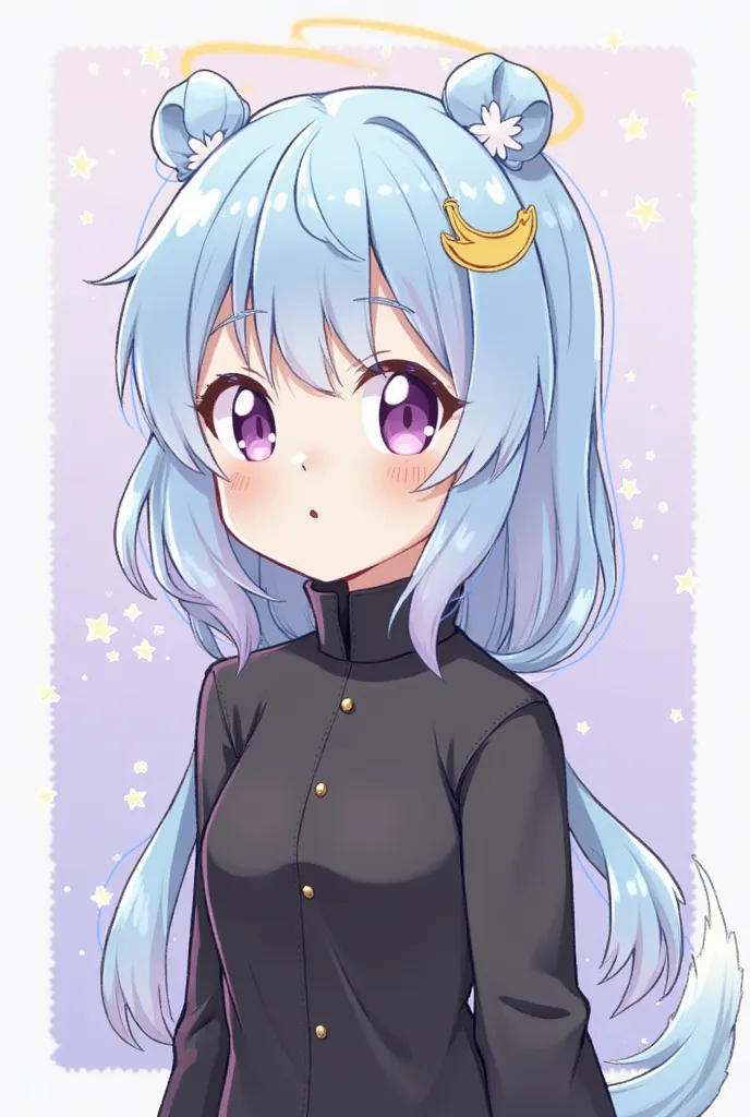 Mizui landmine mass-produced fashion、girls with light blue and purple hair and full bangs、Wear a crescent moon hairpin、twin tails、The clothes are black、For light blue landmine mass production fashion、Bear's ears、The cuteness of an angel
