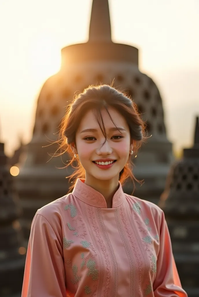 double exposure, cover photo of the film entitled "Friday Blessings". The cover shows a beautifull Korea woman, wearing tradisional kebaya clothes,standing smiling slightly facing the camera. The background is a Borobudur temple. The overall image has soft...