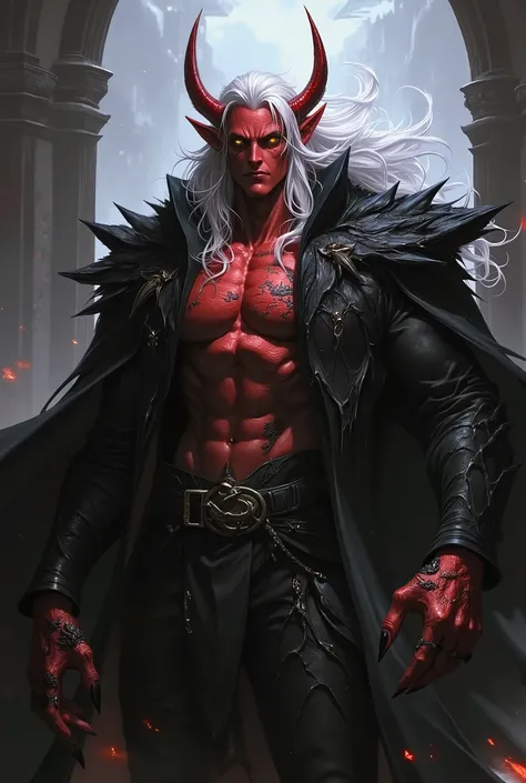 a red demon, with a pointed nose, four  red horns, two small and two large curved backwards, long white hair, bright yellow eyes, black lips, pointy ears, red skin, wearing symbiotic black armor that appears on part of his chest and hands that are red with...