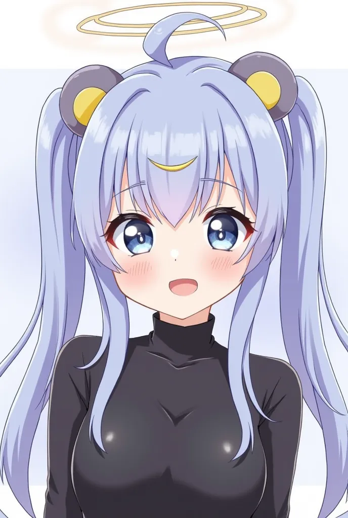 Mizui landmine mass-produced fashion、girls with light blue and purple hair and full bangs、Wear a crescent moon hairpin、twin tails、The clothes are black、For light blue landmine mass production fashion、Bear's ears、The cuteness of an angel
