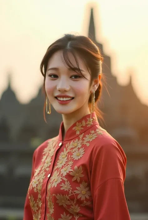 double exposure, cover photo of the film entitled "Friday Blessings". The cover shows a beautifull Korea woman, wearing tradisional kebaya clothes,standing smiling slightly facing the camera. The background is a Borobudur temple. The overall image has soft...