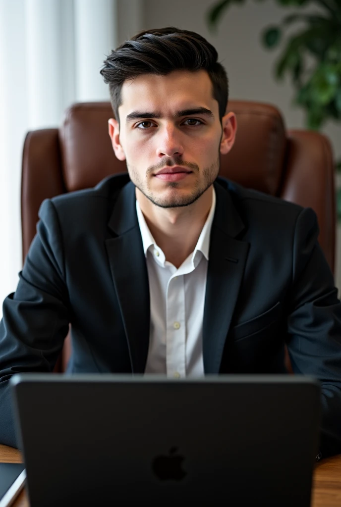 A young Balkan man 18 yeers with very short black hair and weighing 88 kilograms and 180 centimeters tall, dressed in a shirt and a black blazer, is sitting in a leather executive chair. In front of him is a desk with a black laptop on a 2023 iPad.

