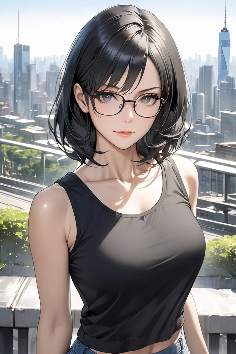 best quality, soft , super detail,  beautiful , 8k, 1 girl , long hair, black hair, outdoor, bright,  clear sky,  mature women, long hair, Black Eyes, black tank top, city buildings, glasses, forehead