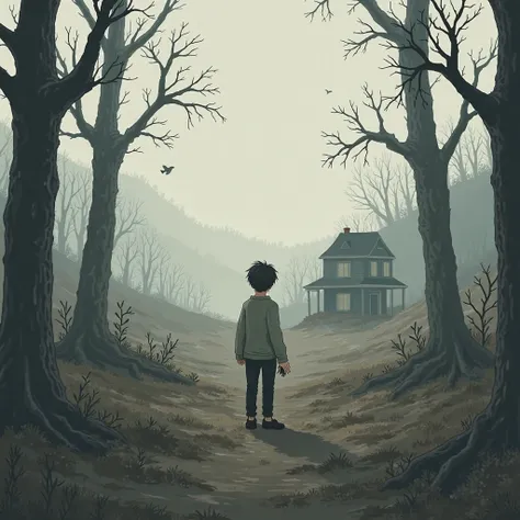 The boy stands in the middle of a desolate, quiet forest, his back to the viewer. The trees around him are tall, their branches twisting like fragile veins, casting long, mournful shadows. The sky is overcast, a soft gray light filtering through the clouds...