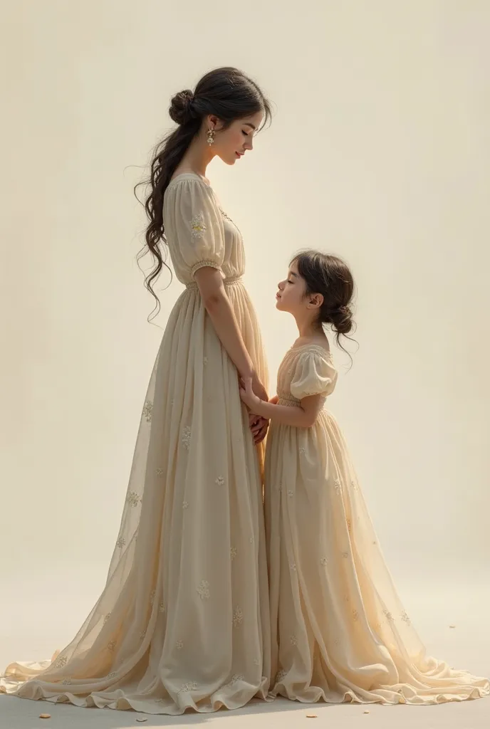 Create an image of a woman with her young daughter posing for the photo holding hands one separated from the other, both have a long skirt and the image is viewed from the front