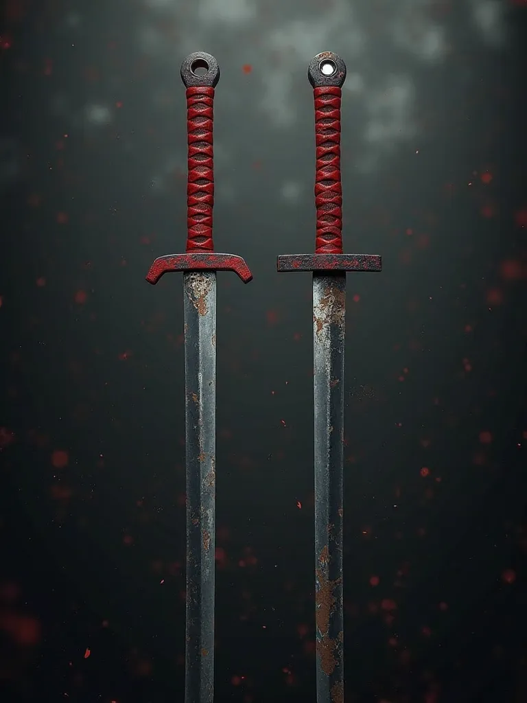 2 X katanas sawn but only the edge of the blade with a dark gray and red tone at the tip 