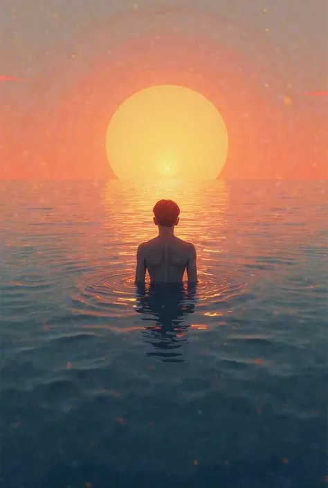 a person floating in the middle of the ocean at sunset 