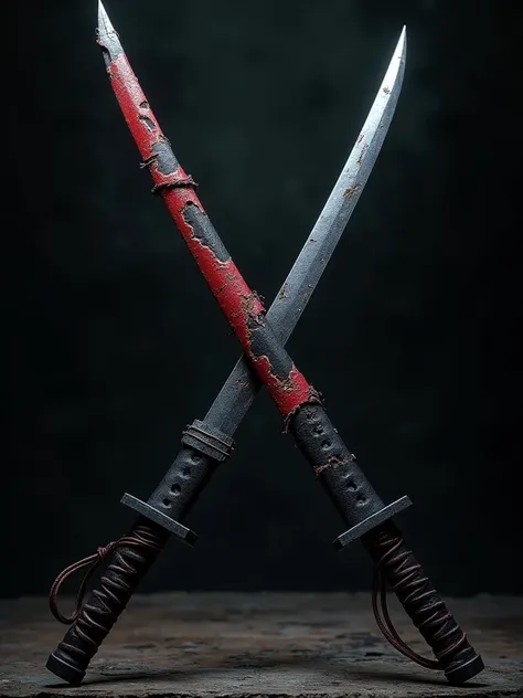 2 X katanas sawn with the edge of the blade with a dark gray and red tone at the tip 