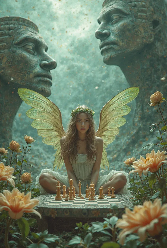 Girl with transparent green wings light brown hair Laurel crown sexy posture sitting on a large flower playing chess a typhoon monster in the giant Olmec heads 