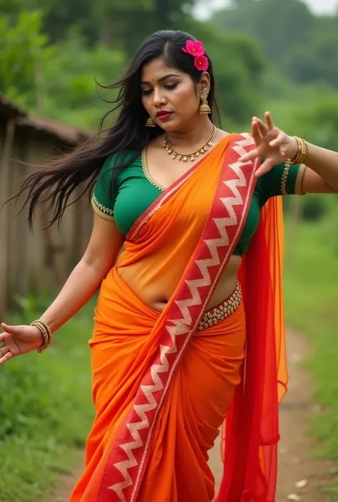 A thick voluptuous  and mature  beautiful Indian woman. Her hair is tracing backwards in a pulled manner and tied bheind her head in a bun showing her forehead .she is wearing a revealing ornage and red with bold white zigzag or wavy patterns of both color...