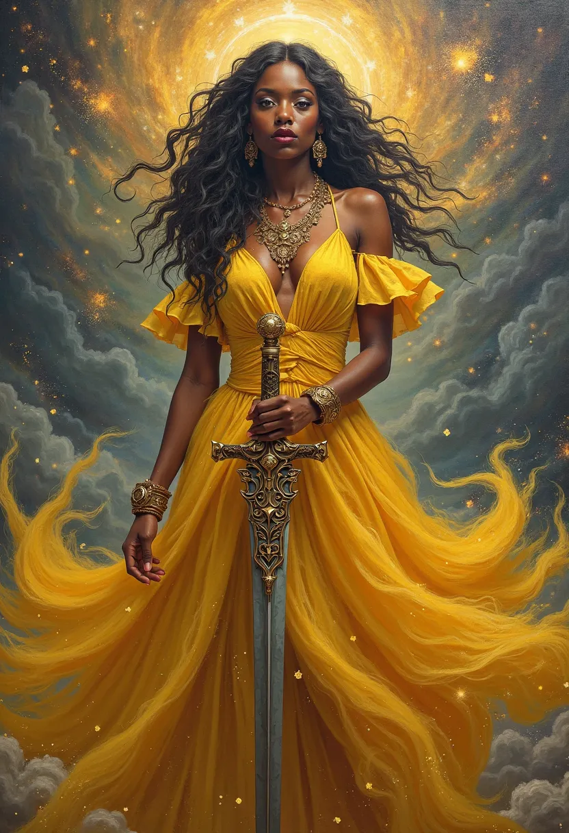 painting of a woman in a yellow dress holding a sword, epic 3 d oshun, a beautiful woman warrior, dark skin female goddess of love, 4k art, warrior woman, artgerm and patrick demarchelier, epic oil painting, artgerm craig mullins, portrait of ororo munroe,...