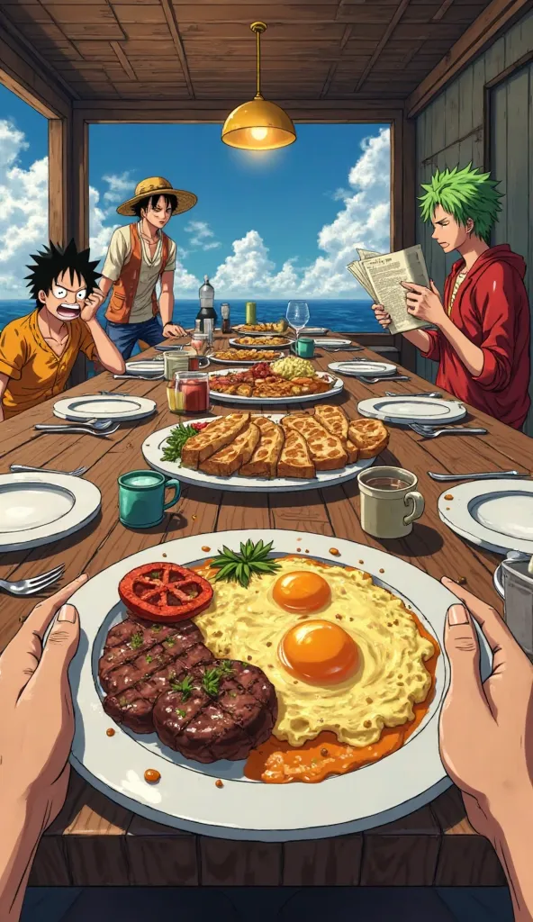 "POV sitting at the dining table of the Thousand Sunny. Hands holding a plate of incredible food prepared by Sanji. The smell of omelet, freshly baked bread, and grilled meat fills the room. In the background, Luffy tries to steal food while Zoro yawns and...