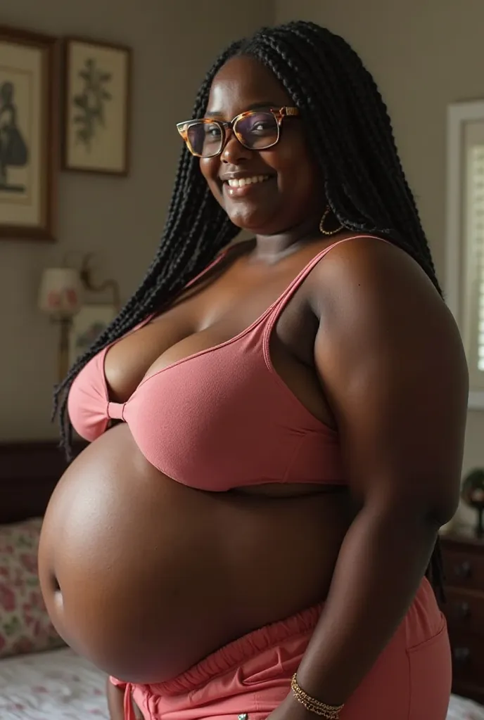 Black girl, chubby, large breasts, looking at camera, smiling, clothing, long braids, glasses, bbw, overweight, big belly, enormous, super thick, side view, very large butt, in bedroom, tank top and pink shorts, very dark skin, very african facial features...