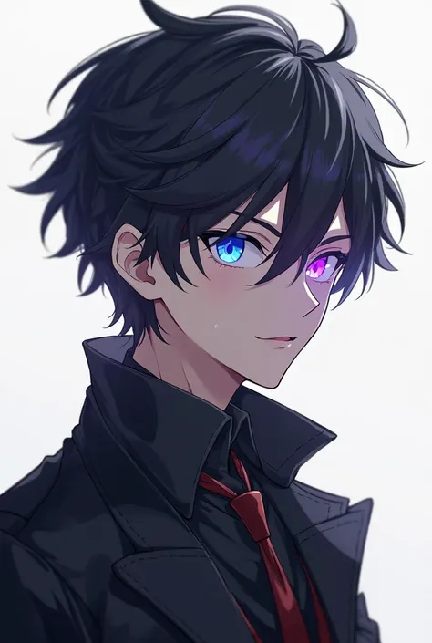 Anime-style male character with a neutral aesthetic (not too masculine nor too feminine). His face shape is slightly triangular (not too heart-shaped), with sharp but soft features. His hairstyle is slightly messy, medium-length, layered, and framing his f...