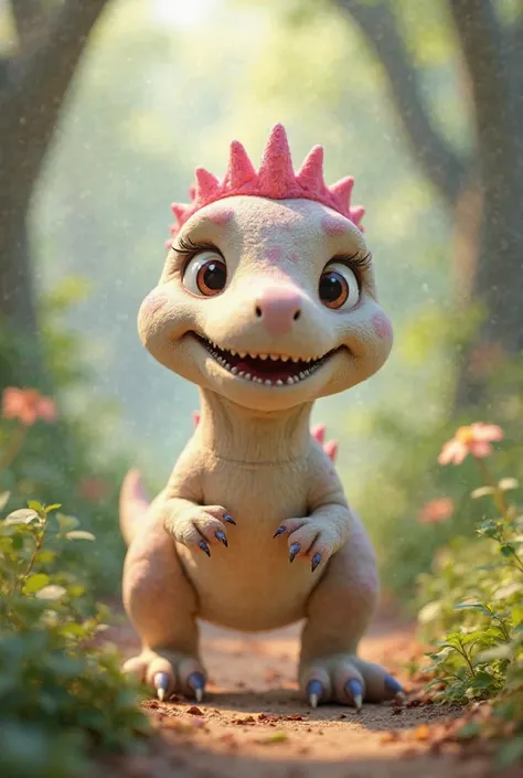 Sweetie as a t-rex off white fur and pink crown on head transformation into t-rex 3d, 4k, forest path paw patrol 
