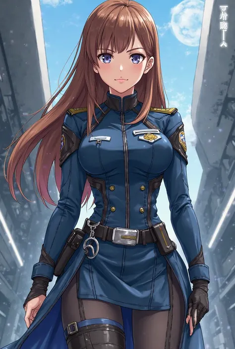 Make a picture a female galactic police officer in her uniform she has a skirt as a part of her uniform in anime styile also shes brown haired and has handcuffs on her belt