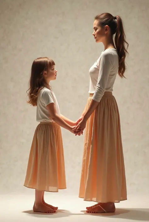 Create an image of a woman with her young daughter posing for the photo holding hands one separated from the other, both have a long skirt and the image is viewed from the front if I want the image to be seen in profile