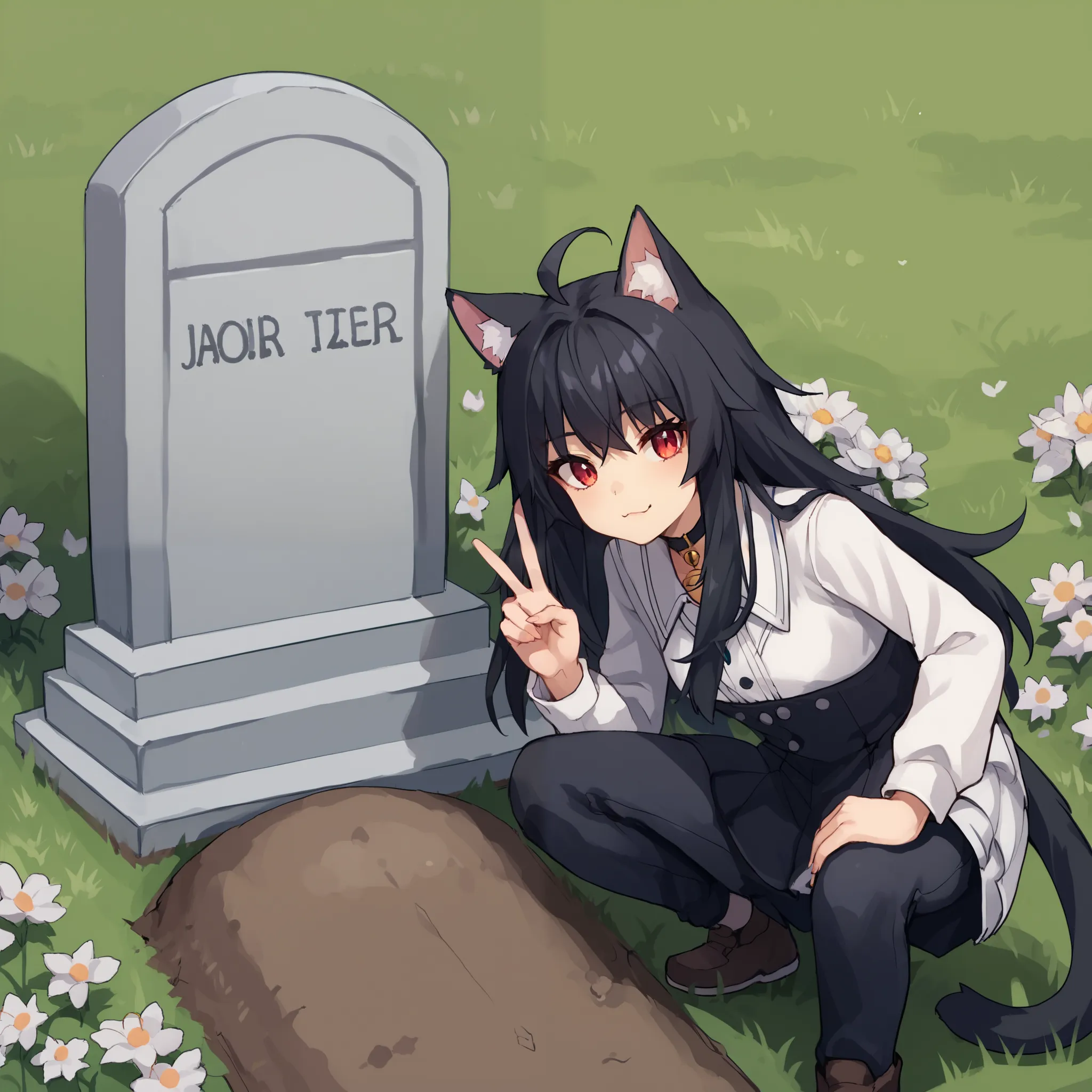 score_9, score_8_up, score_7_up, score_6_up, score_5_up, score_4_up, zPDXL2,source_anime,rating_questionable, junkotvvxl ,(((cat girl, cat ears)), (red eyes), (long hair), (( black hair, (Ahoge), straight bangs,)), ropa negra,  , flowers, peace sign, oll13...