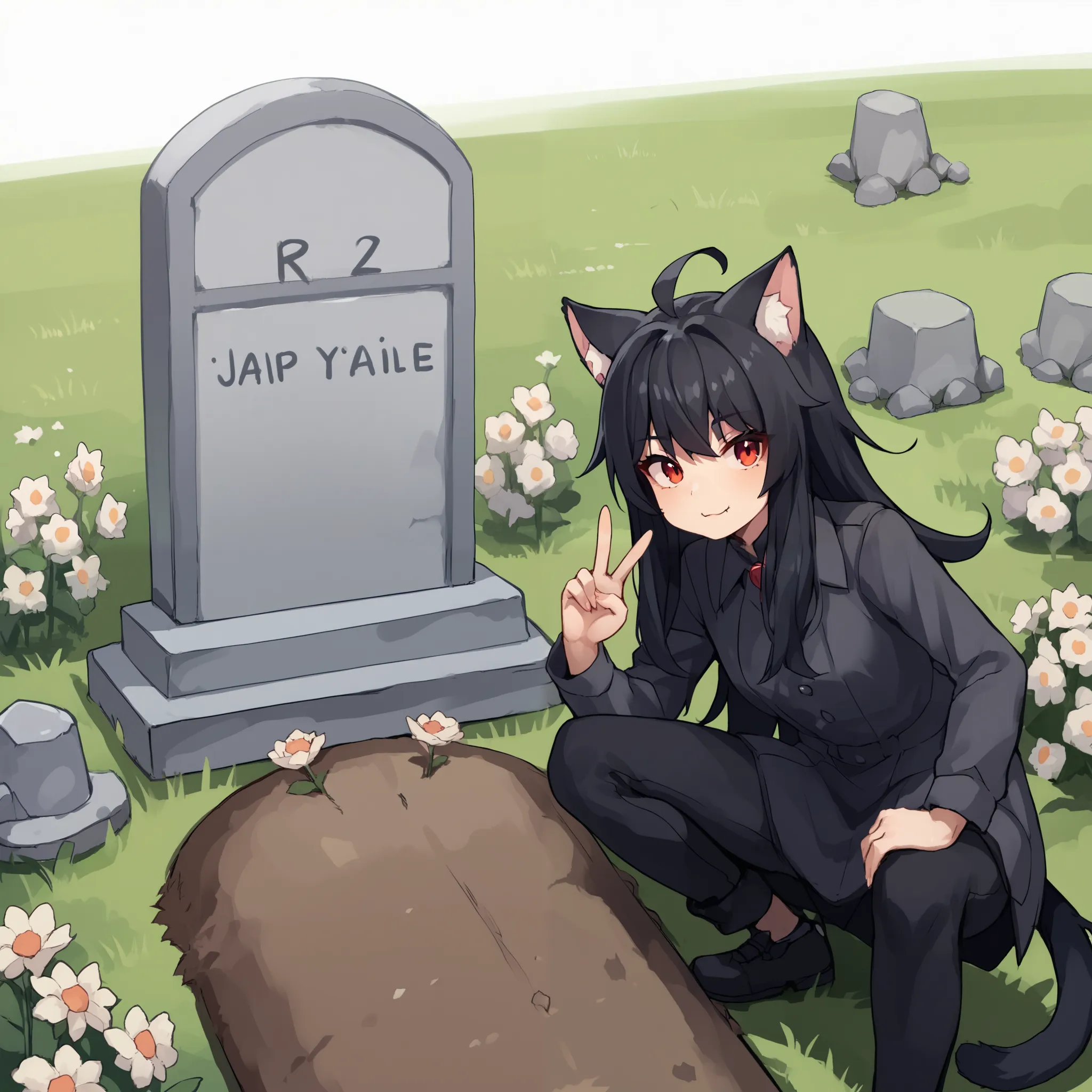 score_9, score_8_up, score_7_up, score_6_up, score_5_up, score_4_up, zPDXL2,source_anime,rating_questionable, junkotvvxl ,(((cat girl, cat ears)), (red eyes), (long hair), (( black hair, (Ahoge), straight bangs,)), ropa negra,  , flowers, peace sign, oll13...