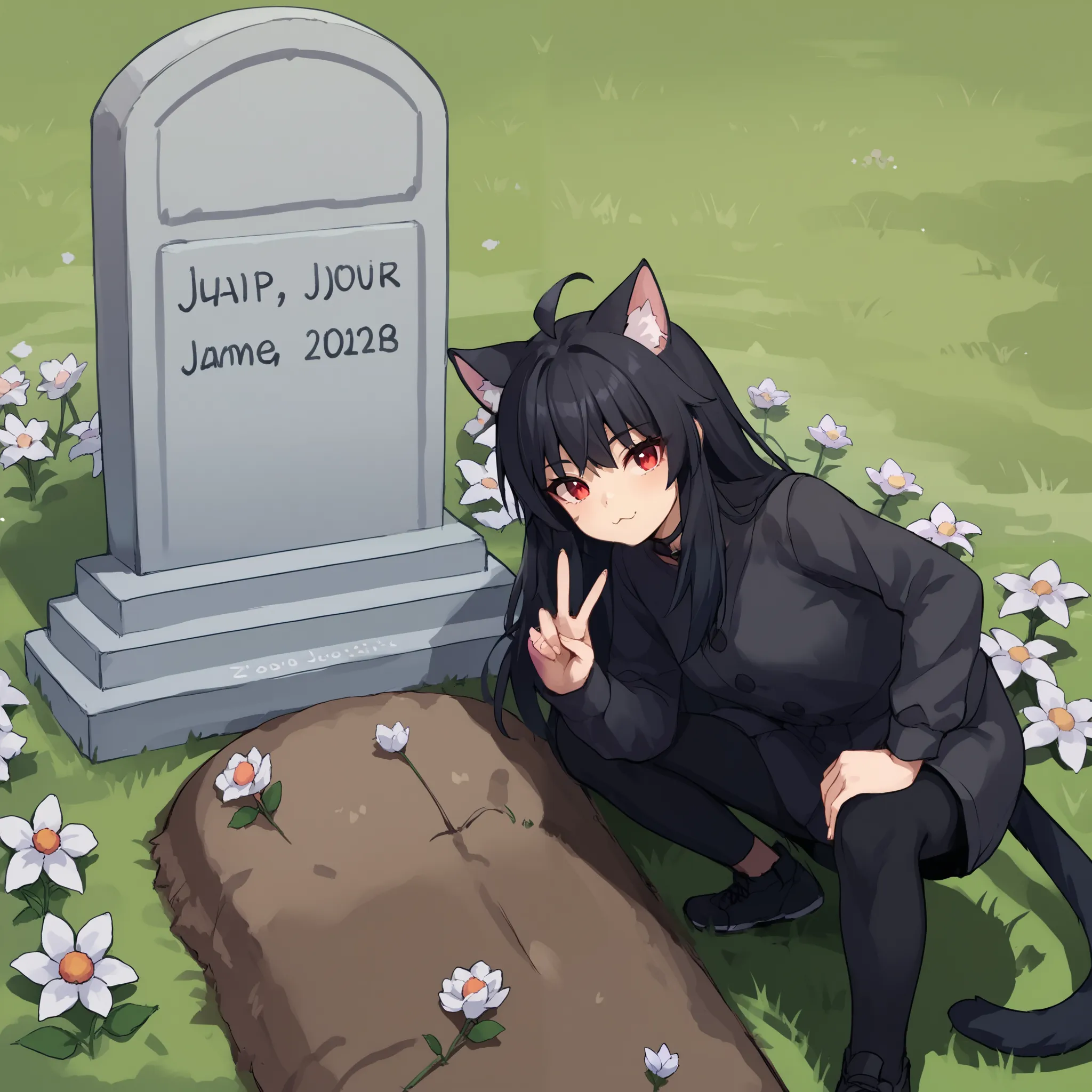 score_9, score_8_up, score_7_up, score_6_up, score_5_up, score_4_up, zPDXL2,source_anime,rating_questionable, junkotvvxl ,(((cat girl, cat ears)), (red eyes), (long hair), (( black hair, (Ahoge), straight bangs,)), ropa negra,  , flowers, peace sign, oll13...