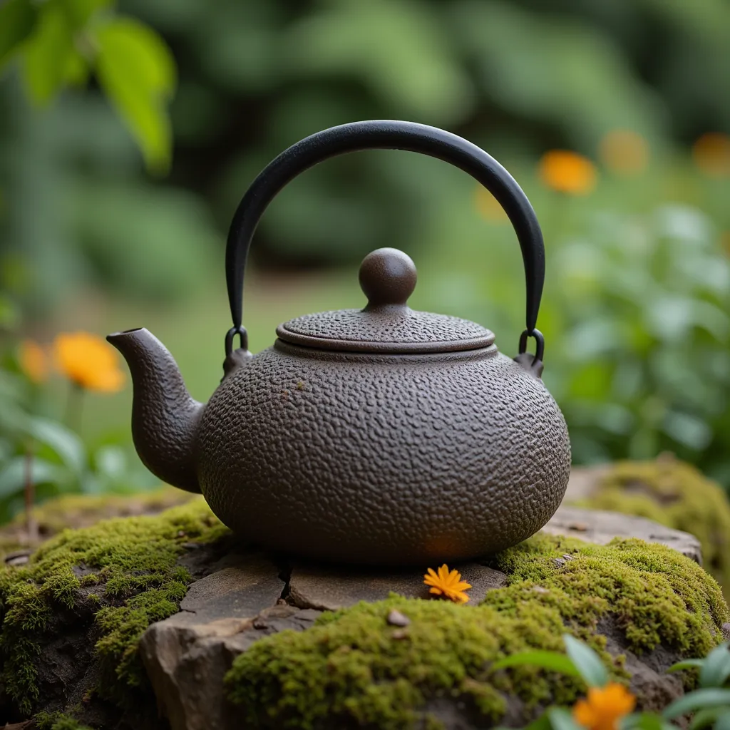 1 black tea, garden, 1 plat teapot, masterpiece, best quality, detailed, high resolution, photorealistic