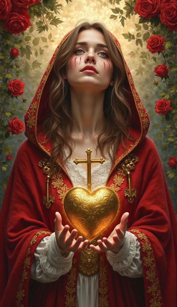 Digital art painting in a realistic-photographic style, gothic theme, featuring a beautiful young woman looking slightly upward with tears flowing down her face. She has wavy brown hair and is wearing a red cloak with a hood that exposes her shoulders, ado...